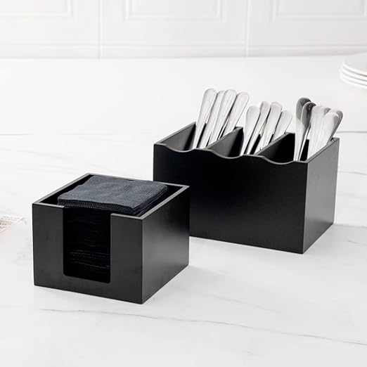 Restaurantware Black Bamboo Napkin Holder Bundle of 2 Square Organizer 5.5 x 5.5 x 4 Inches Cocktail Caddy Durable Open-Top Tray Black