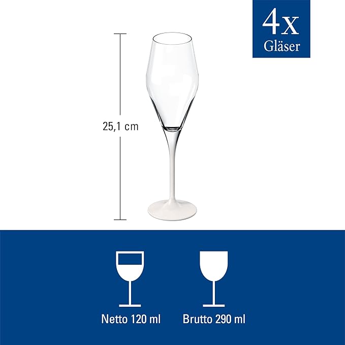 Villeroy & Boch - Manufacture Rock Blanc Champagne Flute Set, 4 pcs. Set of Drinking Glasses for Champagne and Sparkling Wine, 8.75 oz, Crystal Glass, Matte White Slate Look