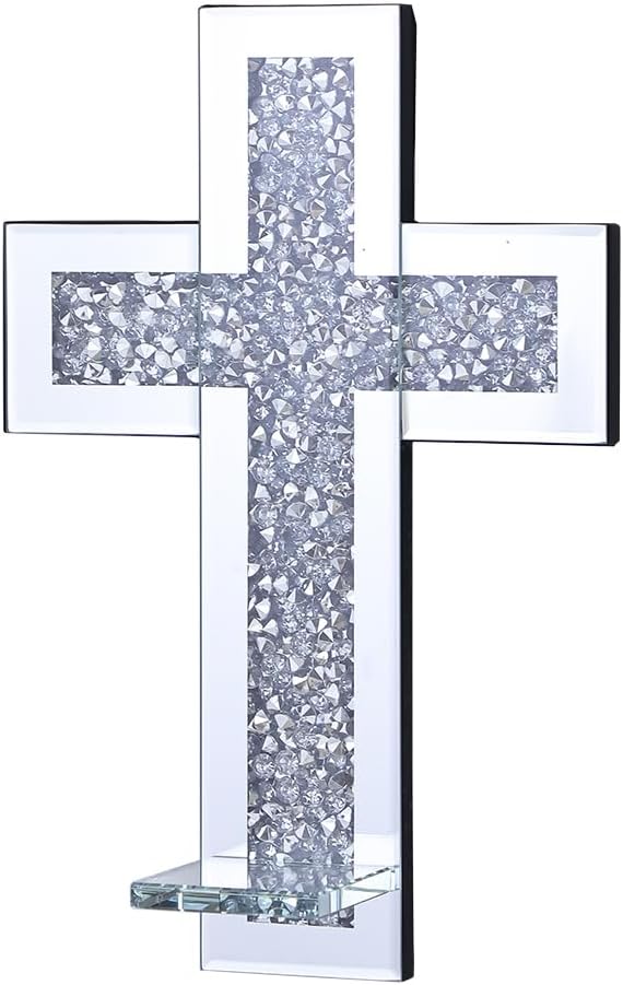 Pibeyer Crystal Crush Diamond Candle Holder Set of 2, Rectangle Silver Mirrored Candle Sconces, Wall Decorations for Living Room, Dining Room (Cross)