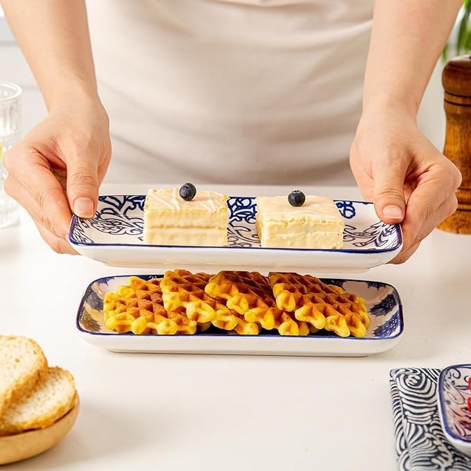 Ceramic Rectangle Salad Plates Set - 8.1" x 4.5" Rectangular Serving Platter - Serving Trays for Sushi Dinner Dessert Pasta Appetizer - Oven Microwave Dishwasher Safe - Set of 6 - Vintage Blue