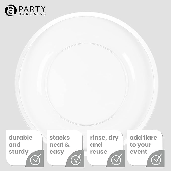 PARTY BARGAINS 13-Inch Charger Plates - 16 Pack, Clear White Rim, Heavy-Duty Disposable Chargers for Elegant Dining - Ideal for Weddings and Formal Events