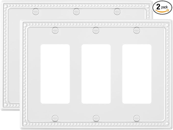 2-Pack Triple Decorator Outlet Cover Plate, Pure White Pearls Decorative Switch Plates and Outlet Covers, Metal Wall Plates for Electrical Outlets
