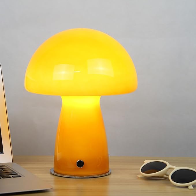 Cute Mushroom Lamp with Glass Lampshade,Small Orange Table Lighting,3000K Warm Light Led Bedside Lamp,Mid Century Modern Desk Light for Living Room Bedroom
