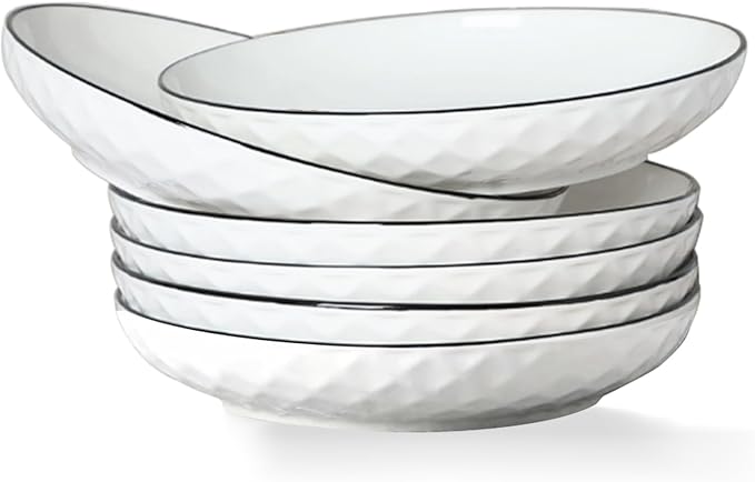 Ceramics Pasta Bowls, 6 Pack 8 inches 20 Oz Large Salad Serving Bowls, Shallow Salad Bowls,ceramics Deep Plates,Microwave Dishwasher Safe,White (rhombus)