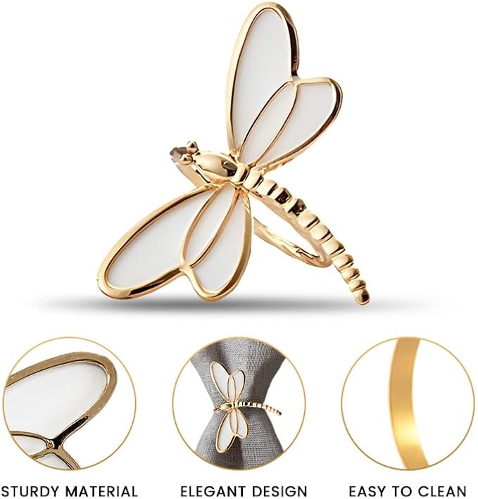 Decozen Set of 4 White Gold Napkin Rings in Dragonfly Design Festive Table Decor Setting for Holiday Wedding, Birthday, Kitchen, Home Decor Housewarming Gift - Mothers Day Decorations
