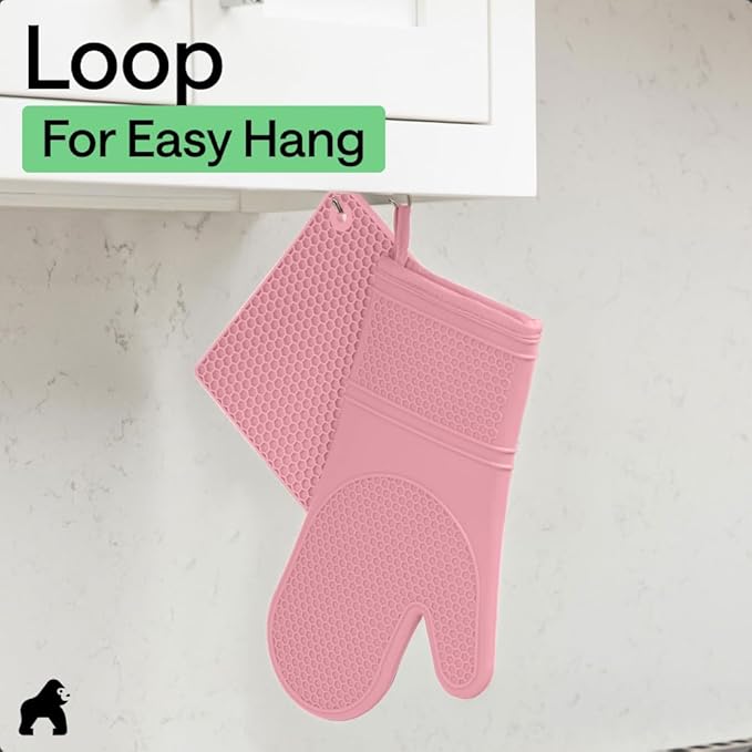 GORILLA GRIP BPA-Free Soft Silicone Oven Mitts and Pot Holders Sets of 4, Heat Resistant Waterproof Cooking Gloves, Thick Cotton Lining, Flexible Gripping for Baking Grilling, Kitchen Trivets, Pink