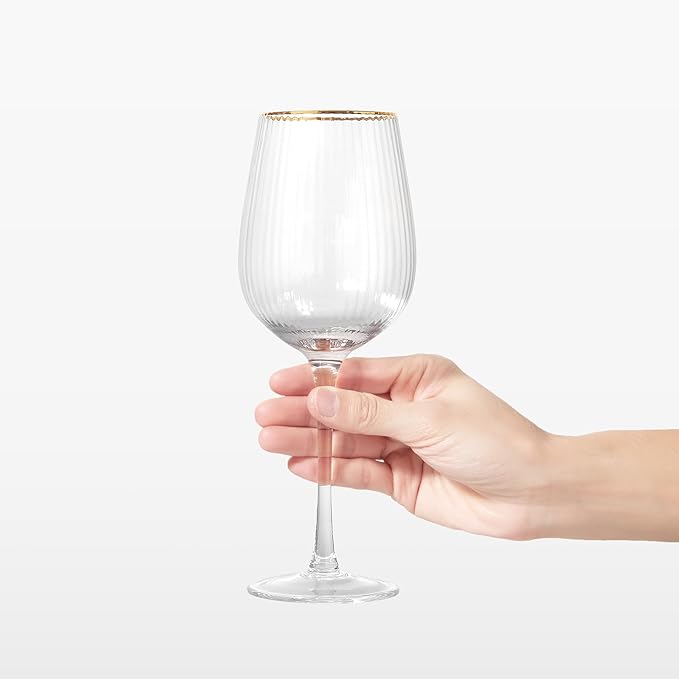 Royalrose Premium Cheerfull Wine Glasses, 14.2 oz Hand-Blown Glasses with Gold Rim, Fluted Design, Elegant Gift Packaging, Perfect for Special Occasions (4)