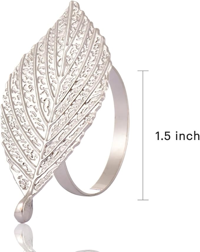 Decozen Set of 4 Silver Napkin Rings in Leaf Design, Festive, Table Decor Setting for Holiday, Wedding, Birthday, Kitchen, Home Decor, Housewarming Gift - Mothers Day Decorations