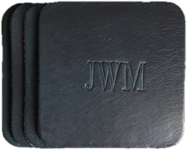 Ox & Pine Personalized Leather Coaster - Sold Individually or in Sets of 4 - Customize Inscription - 100% Full-Grain Leather – 4" Round or 4" Square (Square, Deep Ocean, Set of 4 Coasters)