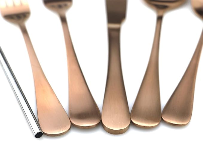 JASHII Modern Royal 20 Pcs Matte Rose Gold 18/10 Stainless Steel Utensils Cutlery Dinnerware Set w/ 4 Pcs Straw, Knife Fork and Spoon Flatware Set for Wedding Festival Christmas Party Service for 4