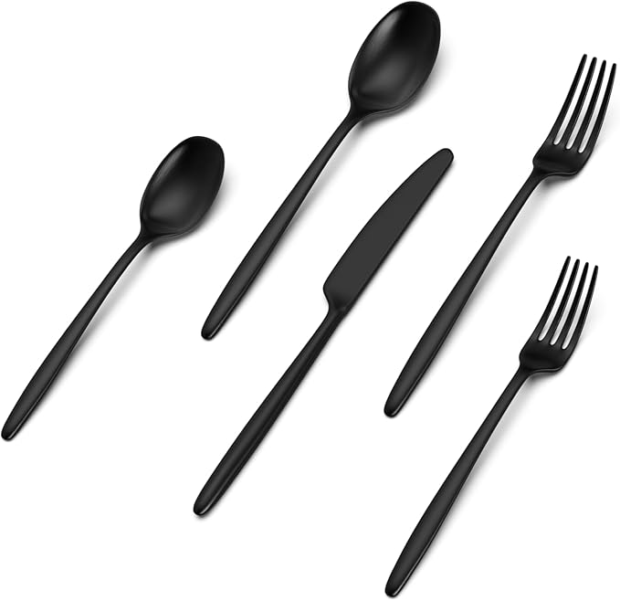JazzUpCo Ava Flatware Flatware non toxic 18/10 stainless steel dishwasher safe (Matte Black, 16 Person Set (80 Pieces))