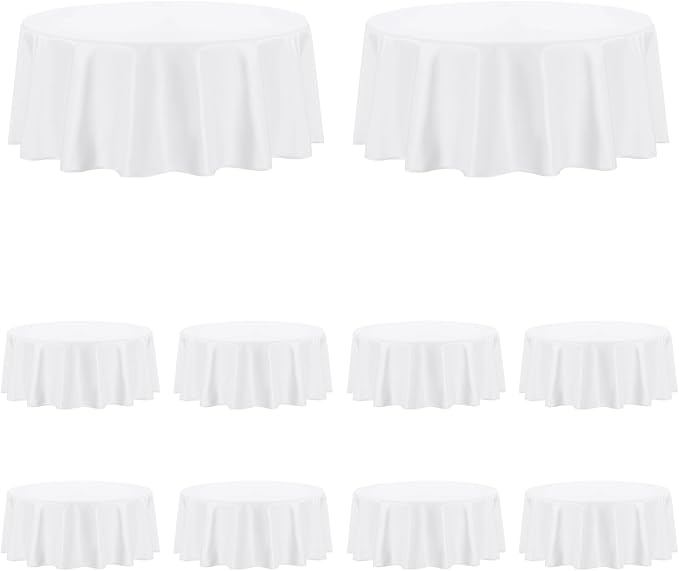 PureFit 10 Pack Round White Table Cloths 120 Inch for Round Tables, Stain and Wrinkle Resistant Table Linens for Home Use, Wedding, Party, Banquet and Camping