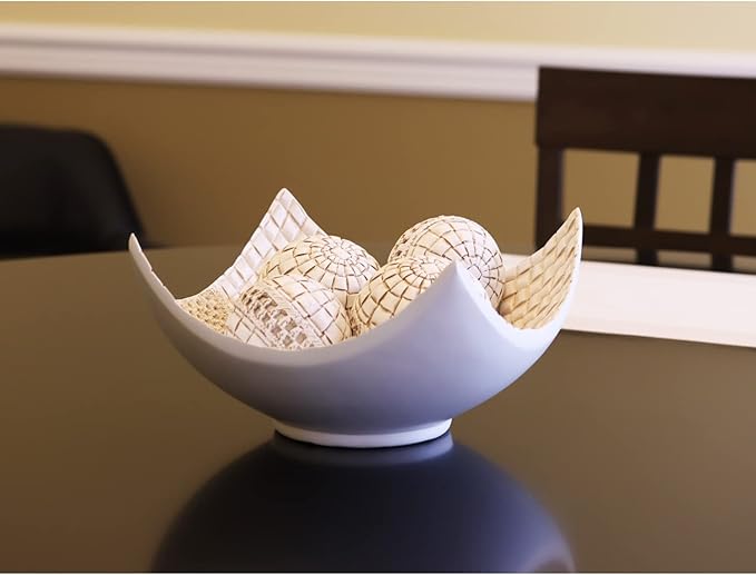 Seraphic 5pc Scoop Bowl Table Centerpieces for Dining Room, Large Decorative Bowls for Coffee Table Decor, Kitchen, Orbs/Balls Included, 14" diagonal. 11" wide and 5.75" tall, White
