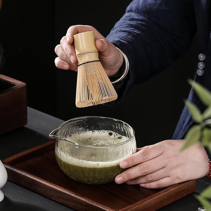 Handmade Japanese Style Matcha Green Tea Ceremony Bowl, Textured Glass, 13.5 oz, With Pouring Spout (Glass+Bamboo)