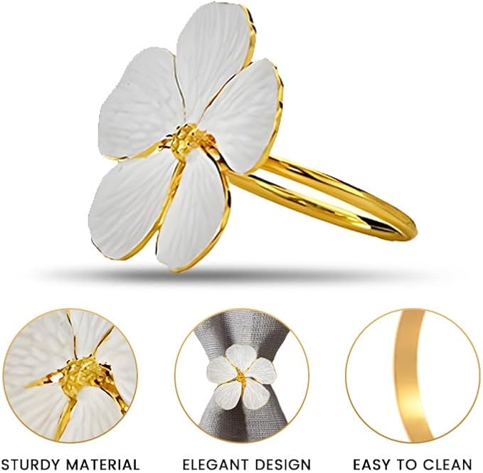 Decozen White Gold Napkin Rings Set of 16 White Gold Napkin Rings in Floral Design Festive Table Decor Setting for Holiday Wedding Birthday Kitchen Home Decor Housewarming Gift