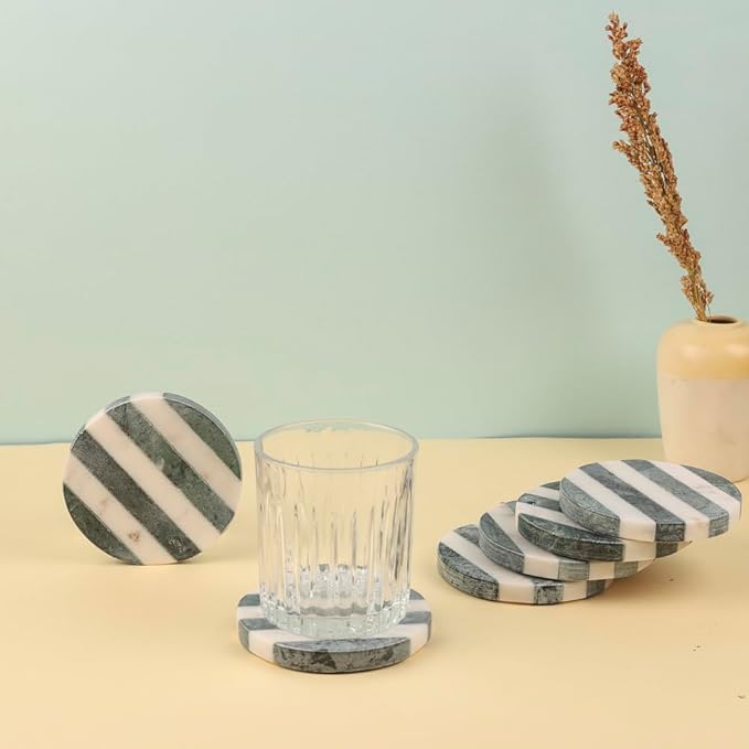 GoCraft White Marble Coasters with Green Striped Inlay – Set of 6 Round Handcrafted Drink Coasters – Elegant Stone Coasters for Beverages, Wine, Coffee, and Bar Glasses – Tabletop Protection
