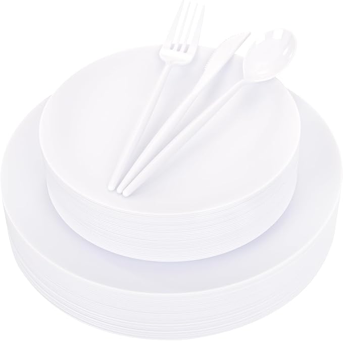 EI 150pcs White Plastic Plates Disposable,White Plate for Party,Disposable Frosted Plate with White Plastic Silverware,Heavy Duty Dinnerware set serves for 30,Perfect for Birthday Wedding Tea Party.