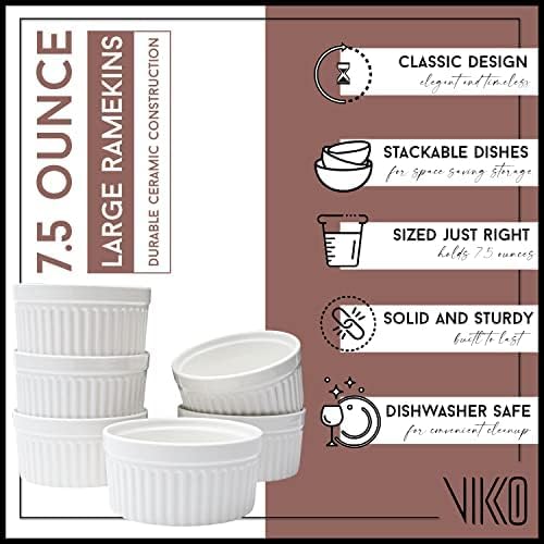 Vikko White Ramekin, Set of 4 Fine Porcelain Ramekins, Stackable 4 Inch Bowls, 7 Ounce Dips Dish, Dishwasher Safe