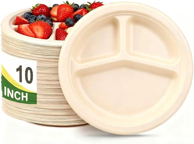 Disposable Plates, 10 Inch,100pack,3 Compartment, Biodegradable, bagasse,sugarcane,Natural Color, Round Shape,100 Count