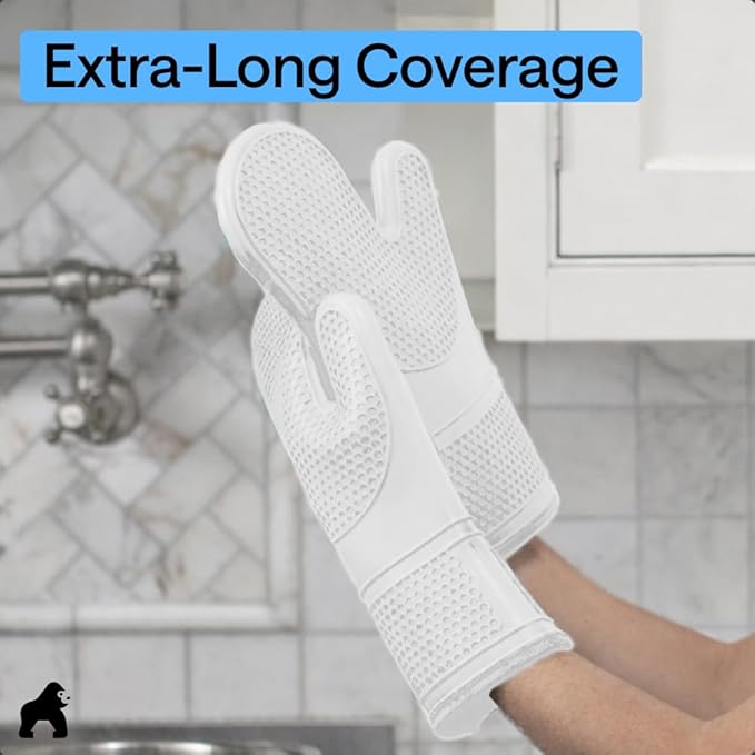 GORILLA GRIP BPA-Free Soft Silicone Oven Mitts, Heat Resistant and Waterproof Cooking Gloves, Thick Cotton Lining, Flexible Gripping for Baking Grilling, Kitchen Potholders Set of 2, 12.5x8.3, White