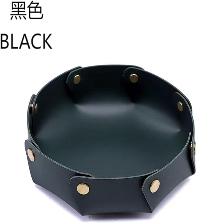 Black leather storage tray, multi-functional clutter organizer with snap fasteners, octagonal key, jewelry and accessory storage bowl, diameter: 4.7 inches, height: 1.7 inches