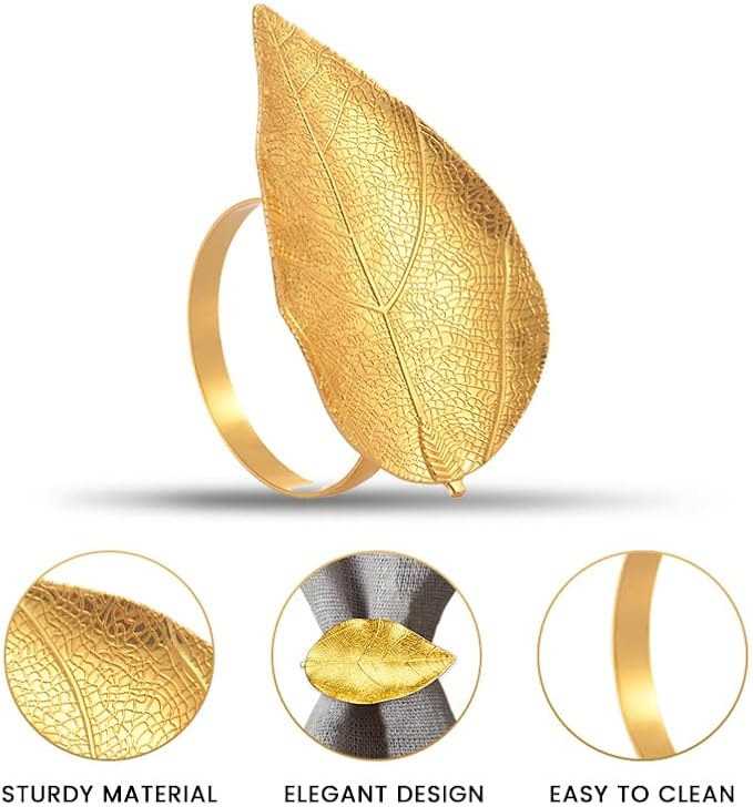 Decozen Set of 12 Gold Napkin Rings in Leaf Design, Festive, Table Decor Setting for Holiday, Wedding, Birthday, Kitchen, Home Decor, Housewarming Gift - Mothers Day Decorations