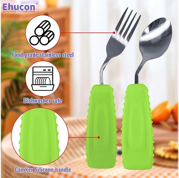 Adaptive Utensils Angled Spoon and Fork for Hand Tremors Parkinsons,Weighted Utensils with Non-Slip Easy Grip Handles for Independent Eating (1pcs Spoon+1pcs Fork=2 pcs,Green,Left Hand)