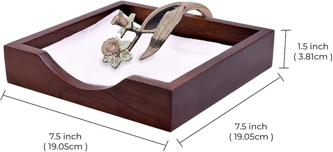 Napkin Holder - Solid Wood Brown Finish Home Decor & Kitchen Decor Table Countertop Serviette & Tissue Holder with Metal Ornament Arm in Rose Gold Finish - Indoor and Outdoor Use - Floral Design
