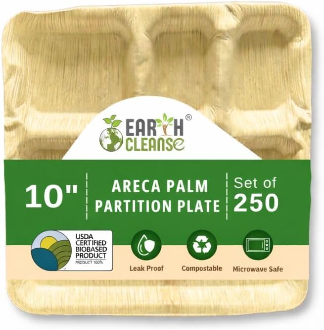 Areca Palm Leaf 10-Inch Square Compartment Plates (250 Count) – 100% Compostable, Biodegradable Like Bamboo Plates | Eco-Friendly Disposable Dinnerware | Microwave & Oven Safe