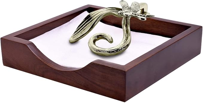 Napkin Holder - Solid Wood Brown Finish Home Decor & Kitchen Decor Table Countertop Serviette & Tissue Holder with Metal Ornament Arm in Silver Gold Finish - Indoor and Outdoor Use - Dragonfly Design