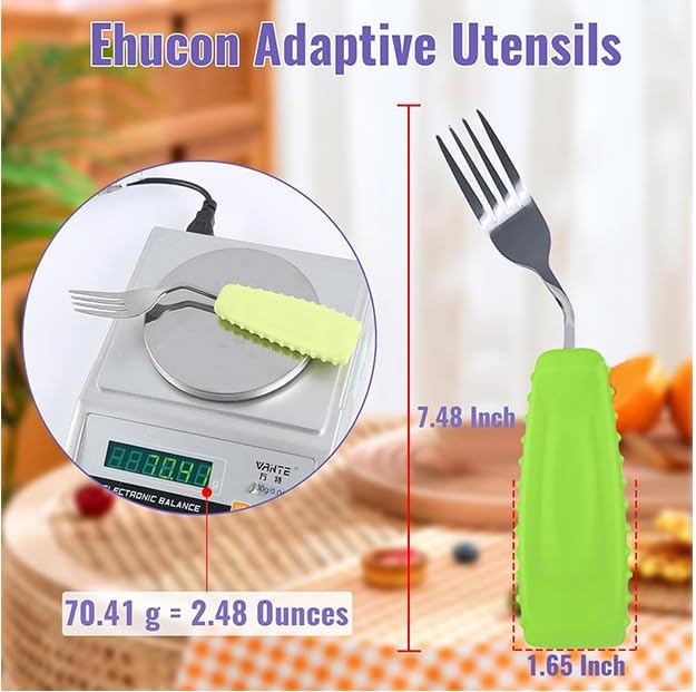 Adaptive Utensils Angled Spoon and Fork for Hand Tremors Parkinsons,Weighted Utensils with Non-Slip Easy Grip Handles for Independent Eating (1pcs Spoon+1pcs Fork=2 pcs,Green,Right Hand)