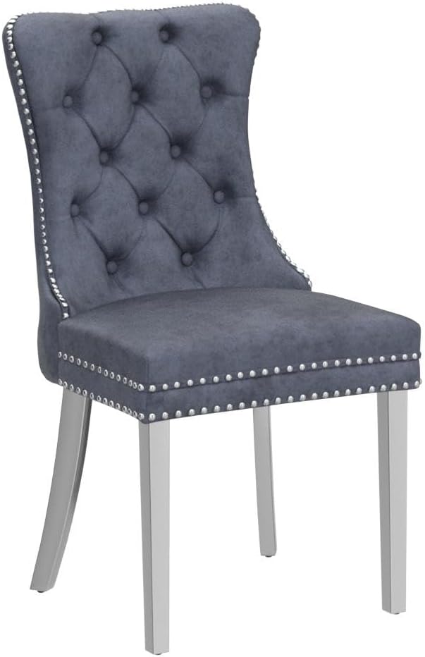 KCC Velvet Dining Chairs Set of 2, Upholstered High-end Tufted Dining Room Chair with Nailhead Back Ring Pull Trim Stainless Steel Legs, Contemporary Nikki Collection Modern Style for Kitchen, Gray