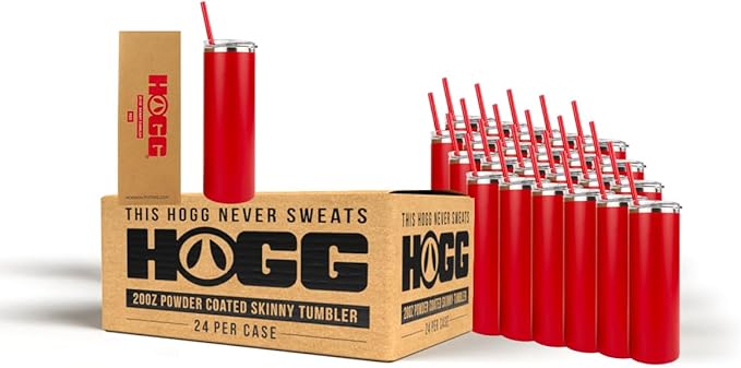 Hogg 20 oz Skinny Case (24 Units) - Red, Powder Coated Tumblers for Laser Engraving, Engravable Tumblers Bulk, Stainless Steel Cups Bulk, Insulated Cups with Lids and Straws