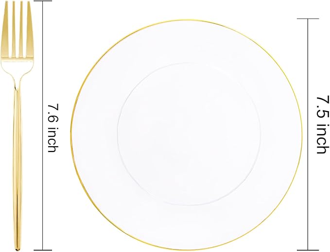 Rubtlamp 200Pcs Clear Gold Dessert Plates With Plastic Gold Forks, 100pcs 7.5inch Plates For Appetizers,100pcs 7.8inch Premium Forks Disposable, Cake Platos Disposable for Wedding