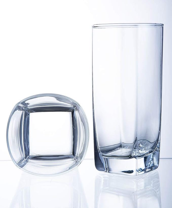 Le'raze Everyday Drinking Glasses Set of 8 Drinkware Kitchen Glasses for Cocktail, Iced Coffee, Beer, Ice Tea, Wine, Whiskey, Water, 4 Tall Highball Glass Cups & 4 Short Old Fashioned.