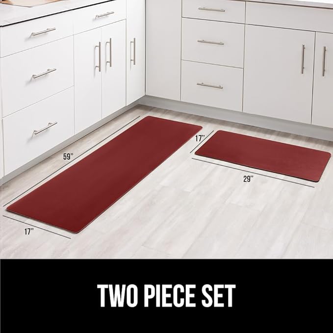 GORILLA GRIP 2 Pack Comfortable Cushioned Kitchen Mats for Floor, 17x24 + 17x48, Waterproof and Stain Resistant, 1/2 Inch Thick Soft Ergonomic Standing Desk Anti Fatigue Mat, Foam Supports Feet, Red