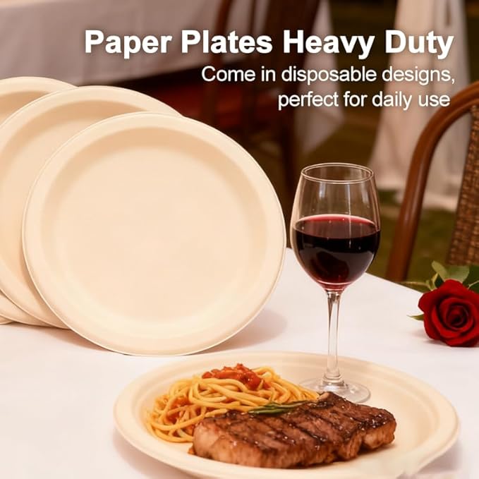 Disposable Plates, 10 Inch,100 pack, Natural Color, bagasse,sugarcane,Biodegradable Paper Material, Round Shape
