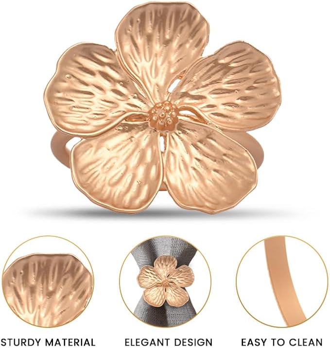 Decozen Set of 12 Gold Napkin Rings in Floral Design, Festive, Table Decor Setting for Holiday, Wedding, Birthday, Kitchen, Home Decor, Housewarming Gift - Mothers Day Decorations