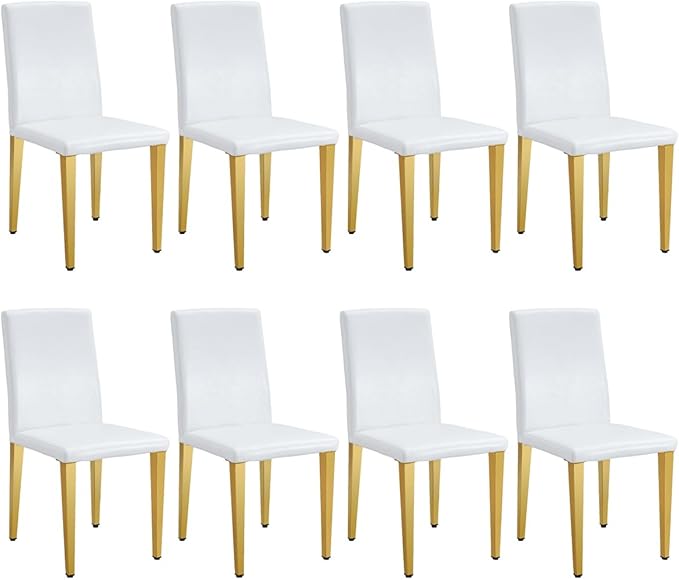 White Dining Chairs Set of 8,Faux Leather with Gold Metal Legs,Armless Kitchen Room Chairs Set of 8,Max Load 300 Lbs,High Back Modern Design for Home Kitchen Living Room Bedroom