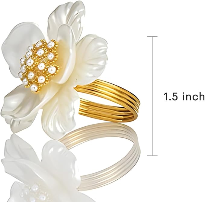 Decozen Set of 8 White Gold Napkin Rings in Floral Design, Festive, Table Decor Setting for Holiday, Wedding, Birthday, Kitchen, Home Decor, Housewarming Gift - Mothers Day Decorations