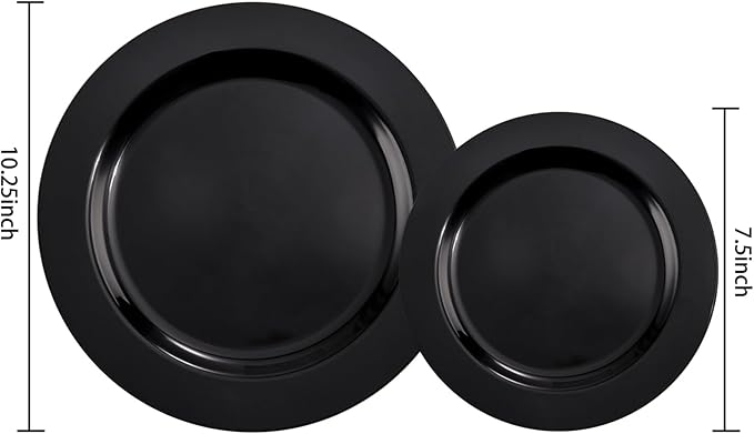 FLOWERCAT 100PCS Black Plastic Plates - Heavy Duty Black Disposable Plates for Birthday Party/Wedding/Father's Day- serve 50guests 10 inch and 7 inch Set