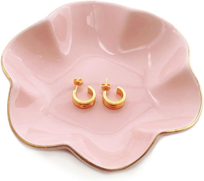 HANKOR 4.7 inch Small Ring Dish, Ceramic Jewelry Holder Tray, Pink Catch All Trinket Bowl for Keys Rings Earrings
