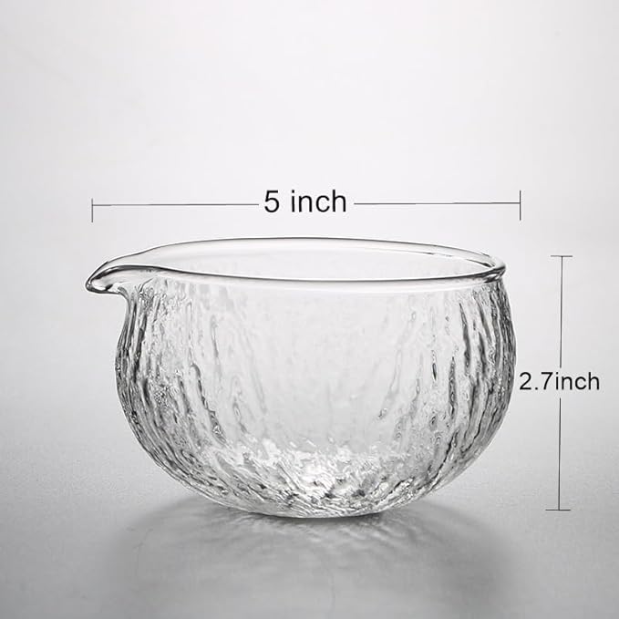 Handmade Japanese Style Matcha Green Tea Ceremony Bowl, Textured Glass, 13.5 oz, With Pouring Spout (Glass+Bamboo)