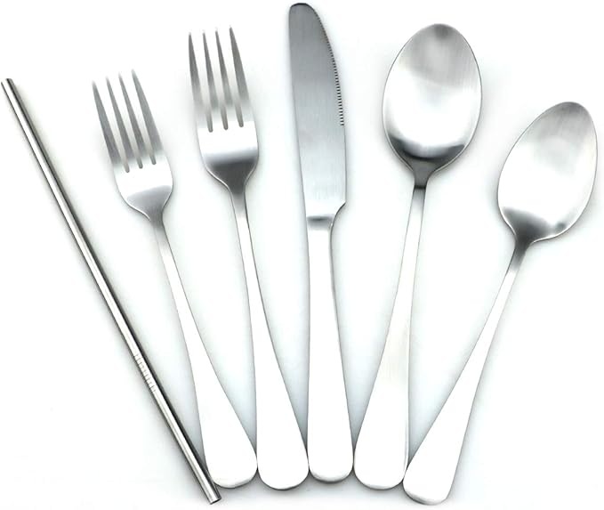 JASHII Modern Royal 5 Pcs Matte Silver 18/10 Stainless Steel Utensils Cutlery Dinnerware Set w/Drinking Straw, Knife Fork and Spoon Flatware Set for Wedding Festival Christmas Party Service for 1