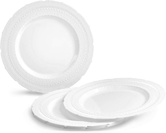 " OCCASIONS " 150pcs set (25 Guests)-Extra Heavyweight Vintage Wedding Disposable/Reusable Plastic Plates (25 x 11'' + 25 x 8.25'') +Silverware (Chateau Collection in White)