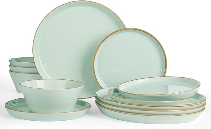 Famiware Saturn Dinnerware Sets, Plates and Bowls Sets for 4, 12 Pieces Stoneware Dish Set - Chip and Scratch Resistant, Microwave and Dishwasher Safe Tableware Set, Light Green with Rim