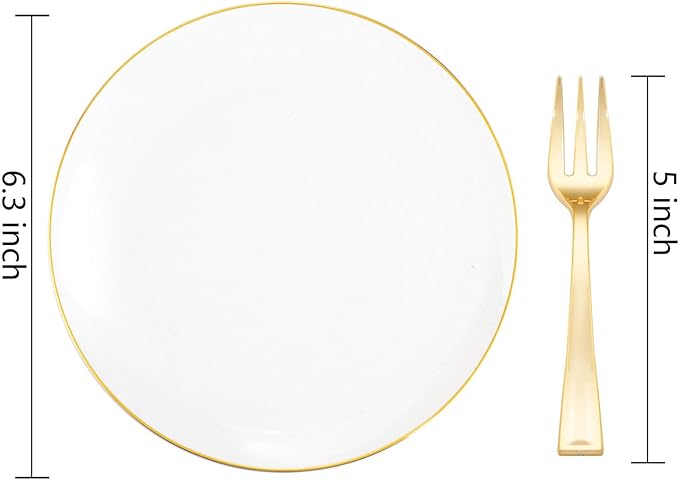 Festiva 200Pcs Gold Dessert Plates 6.3" with Forks 5"- Small Disposable Dessert/Cake/Appetizer Plates Plates- serve 100 guests include 100Plates 100Forks for Wedding & Easter Party &Valentine's Day