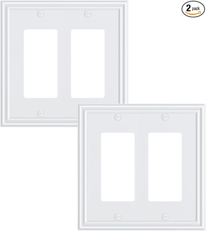 2-Pack Decorative Double Decorator Outlet Cover Plate, Durable Zinc Alloy Pure White Wall Plates for Electrical Outlets, Receptacle, GFCI Outlet, Dimmer Switch, 2-Gang, Corrosion Resistant