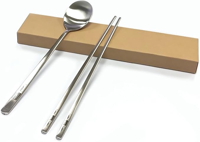 SUPIA Korean Traditional Cutlery Stainless Steel Spoons and Chopsticks Set Tableware with Long-hand, Reusable (Silver Fish)