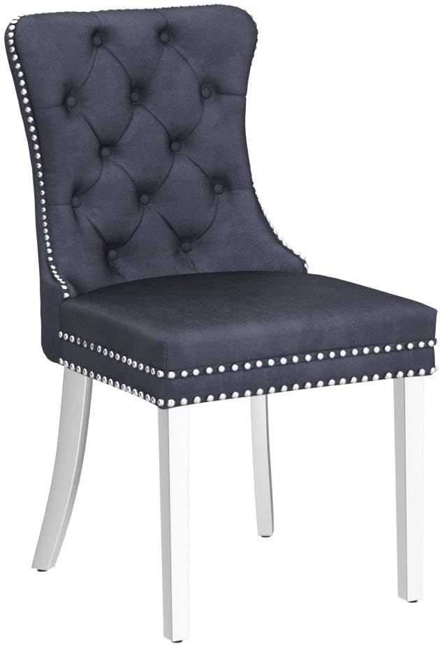 KCC Velvet Dining Chairs Set of 4, Upholstered High-end Tufted Dining Room Chair with Nailhead Back Ring Pull Trim Stainless Steel Legs, Contemporary Nikki Collection Modern Style for Kitchen, Gray